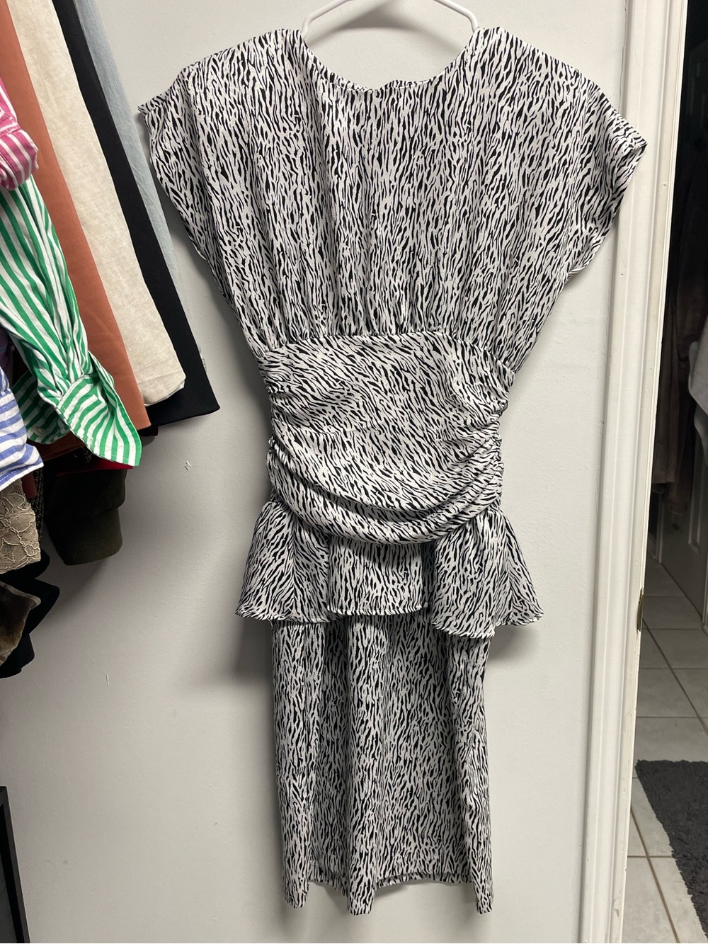 80s vintage Black and white Printed Peplum Midi Dress